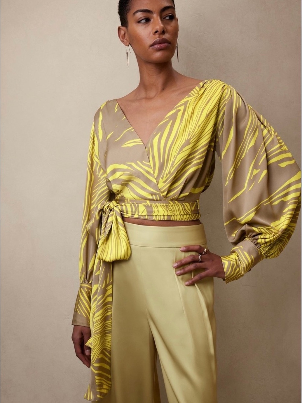 Banana Republic Wrap Crop Top in Chartreuse Yellow and Beige Print